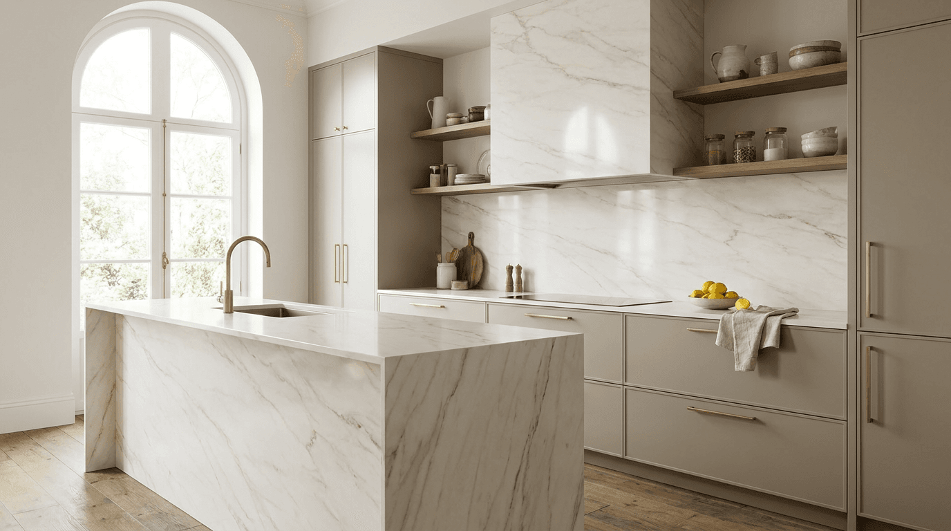 Helle italienische Küche mit Calacatta-Marmor-Optik in Großformat-Keramik von Infinity Surfaces