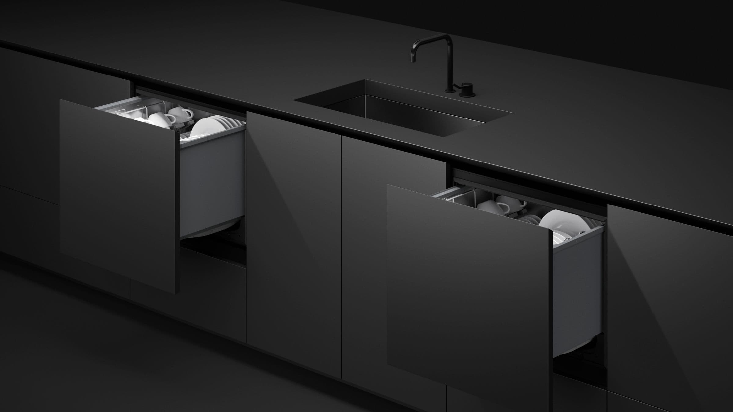 Fisher & Paykel DishDrawer DD60STX6I1 in dunkler Premium-Küche, beide Wasch-Schubladen offen mit Geschirr-Beladung