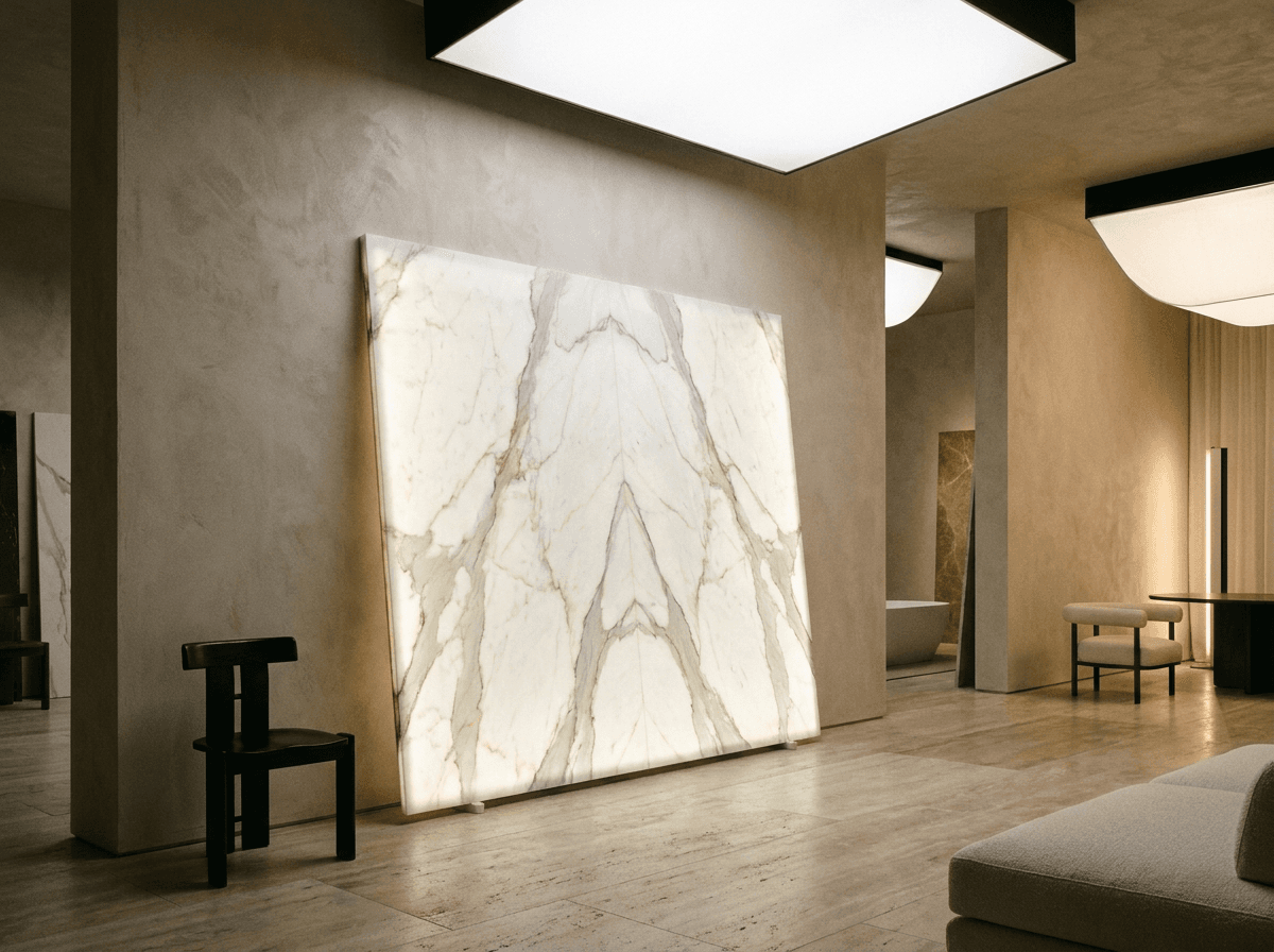 Großformat-Keramikplatte in Calacatta-Marmor-Optik im Showroom