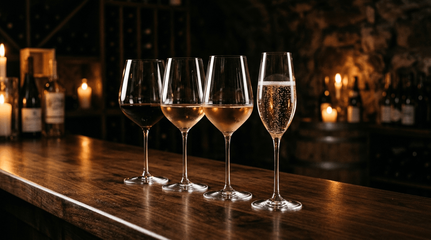 Weingläser mit Rot-, Weiß-, Rosé- und Schaumwein auf dunklem Tresen in warmer Vinothek-Atmosphäre