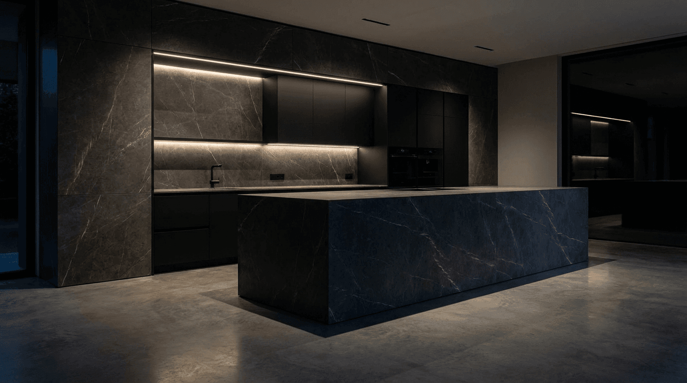 Dunkle Architektur-Küche mit monolithischer Sinterstein-Insel von Neolith, Waterfall-Kante