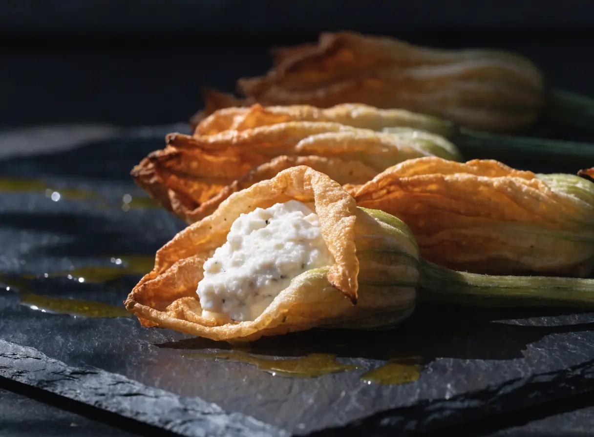 Gebackene Zucchiniblüten mit Ricotta-Füllung